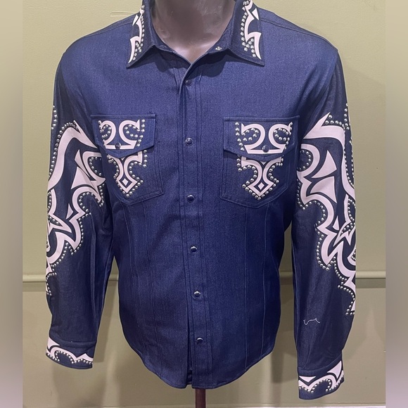 barabas Blue and LT gray Patterned Shirt snap button front modern fit studded - Picture 1 of 4